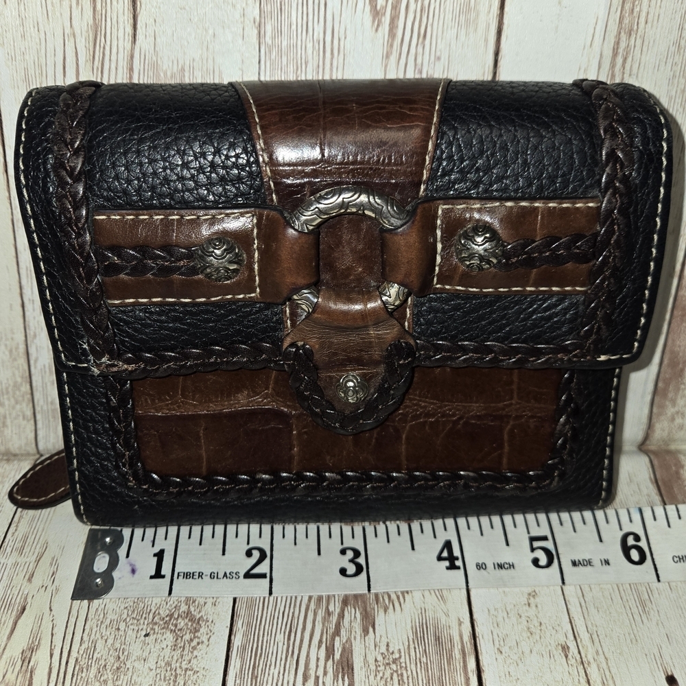 Brighton Black Brown Leather Wallet Western Concho Braided Trim Organizer Bifold - Picture 4 of 12